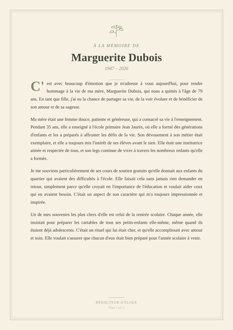 Ejemplo de elogio generado en francés