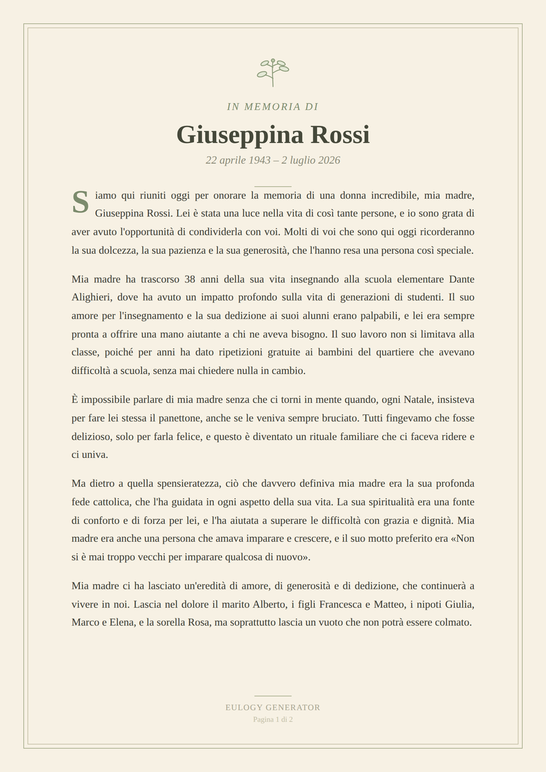 Ejemplo de elogio generado en italiano