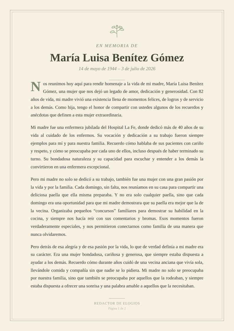 Ejemplo de un elogio generado para Margarita Ana Wilson, en formato de página conmemorativa de color marfil para imprimir, con una ramita botánica de salvia
