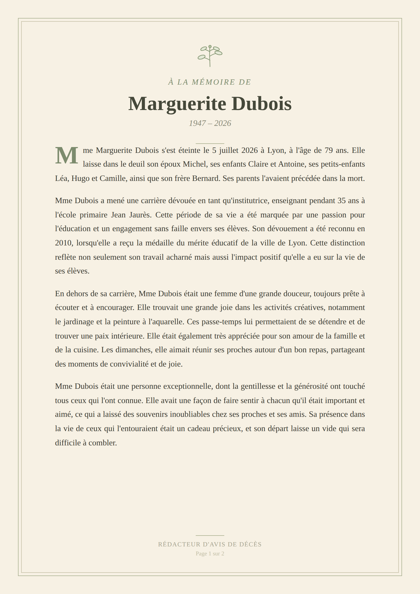 Example obituary generated in French