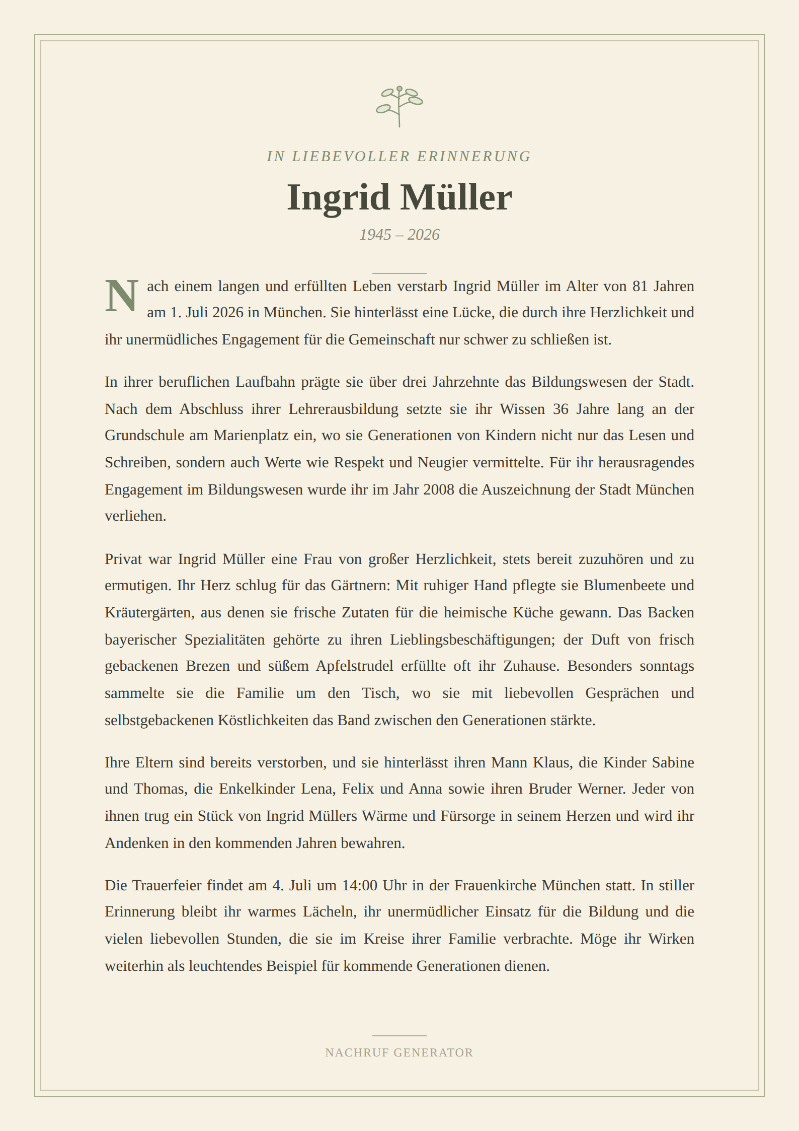 Example obituary generated in German
