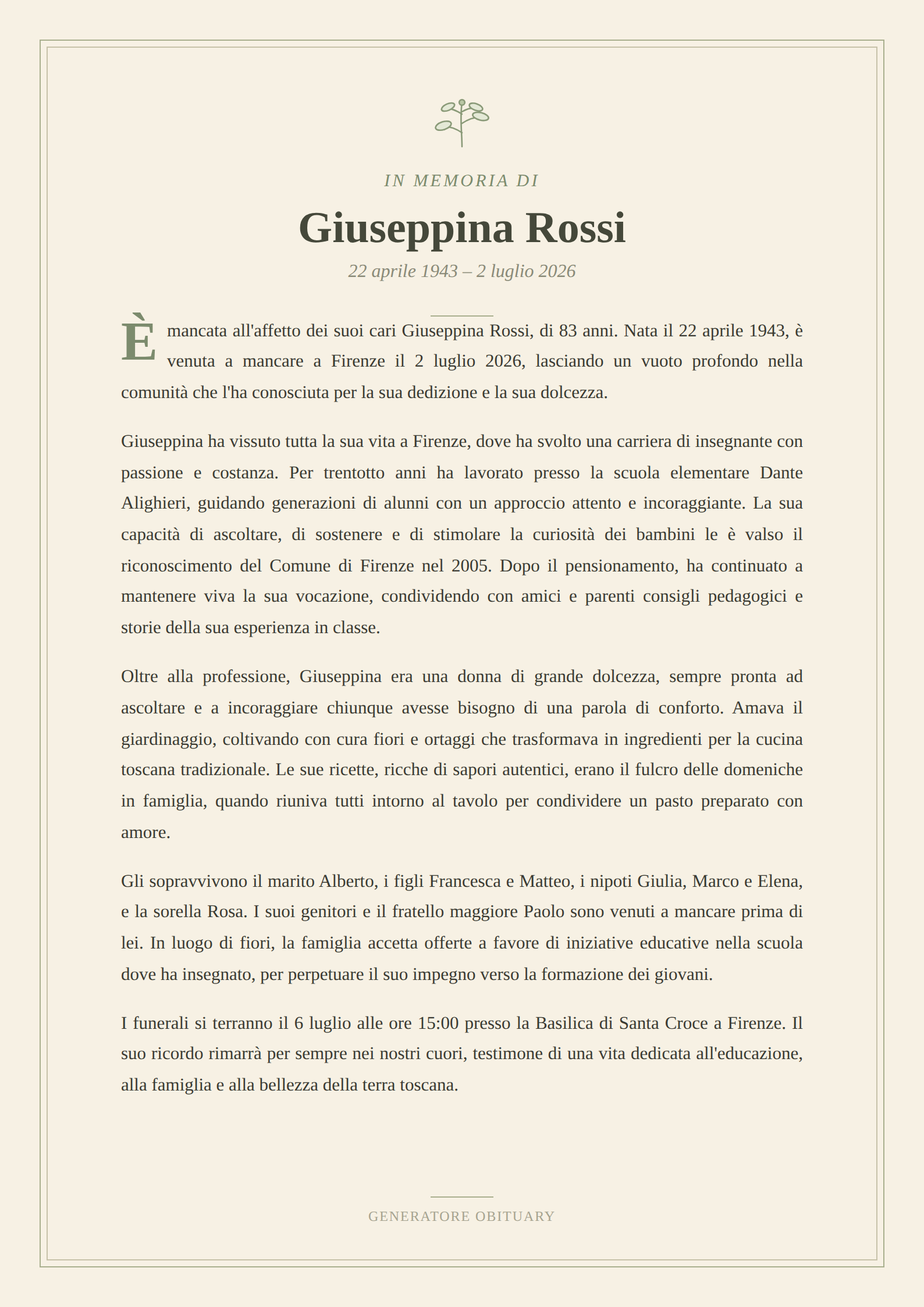 Example obituary generated in Italian
