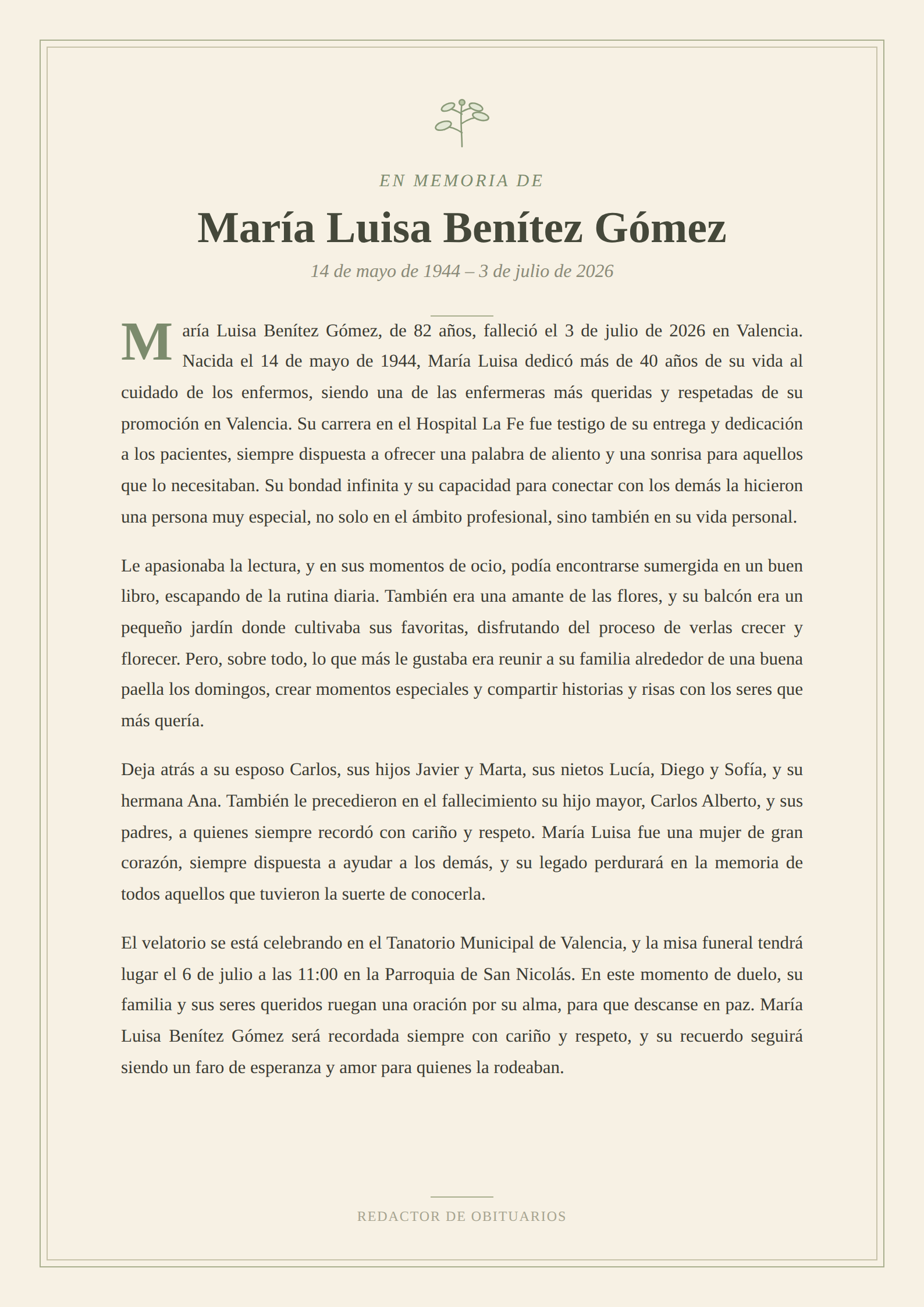 Example obituary generated in Spanish
