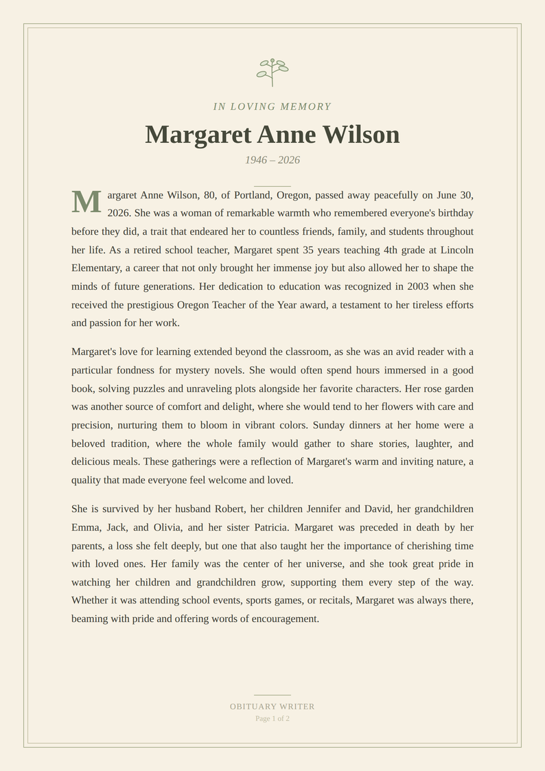 Example of a generated obituary for Margaret Anne Wilson, formatted as a printable ivory keepsake page with a sage botanical sprig